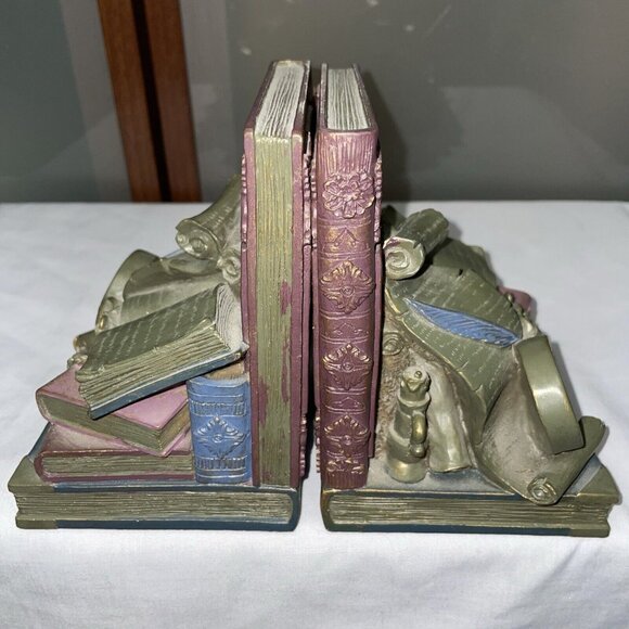 Vintage Bookends Alice In Wonderland Theme Pocket Watch Scrolls Heavy Book Ends - Picture 3 of 6